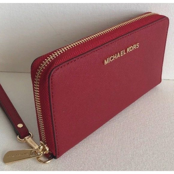 New Michael Kors Jet Set Travel Large Flat phone case Leather Scarlet - Picture 2 of 6